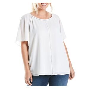 ESTELLE Womens White Jewel Neck Blouse Plus Size: 1X
